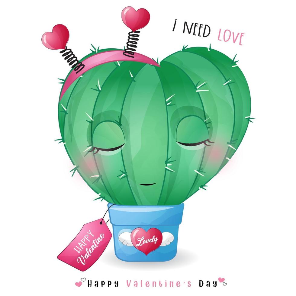 Cute doodle cactus for valentines day vector