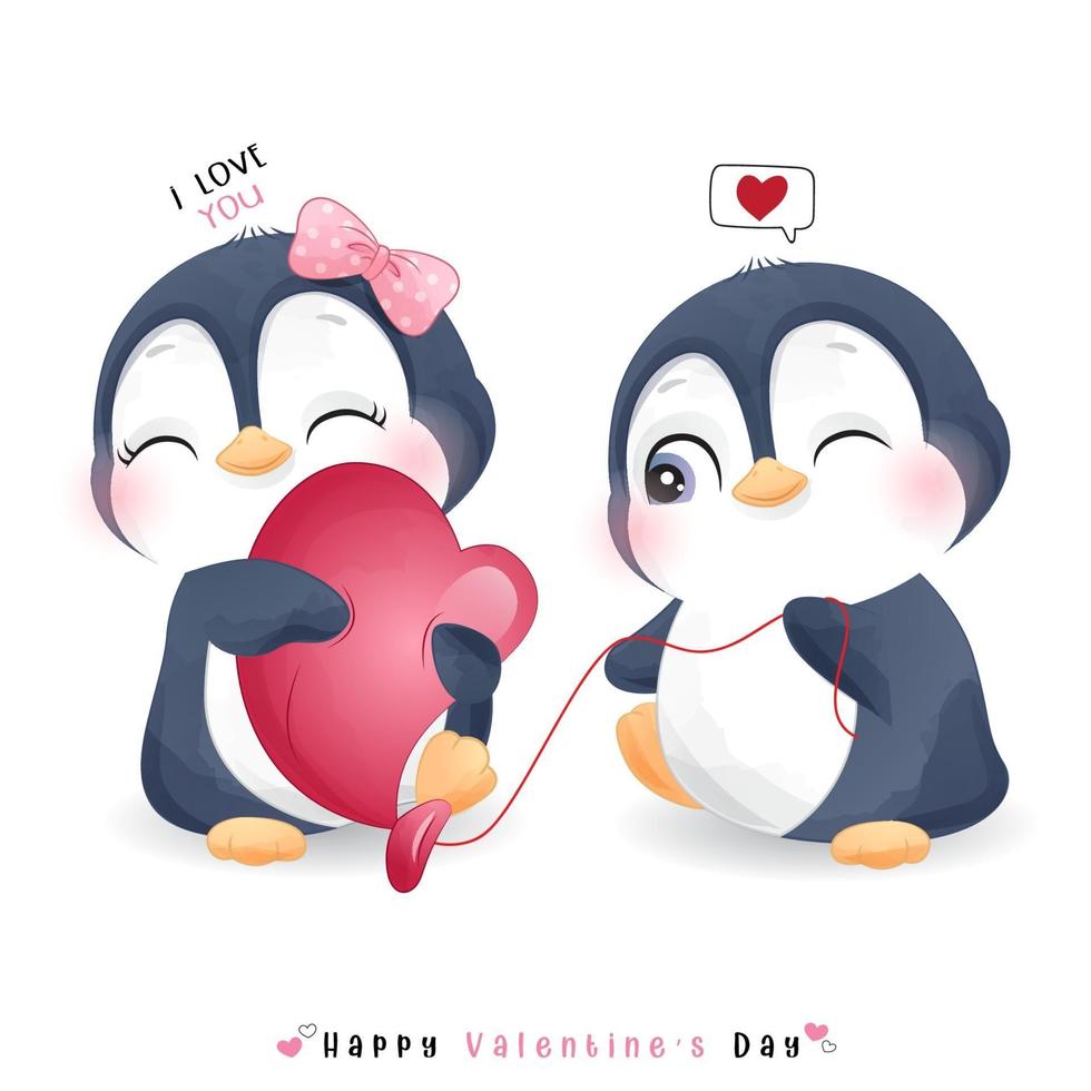 Cute doodle penguin for valentines day vector