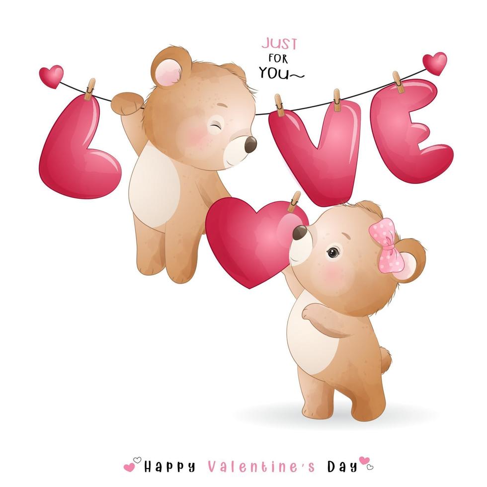 Cute doodle bear for valentines day vector