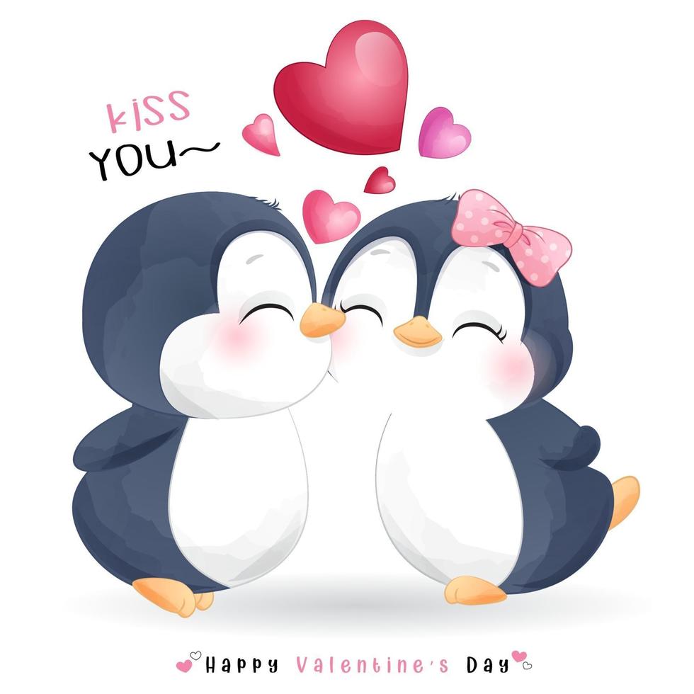 Cute doodle penguin for valentines day vector
