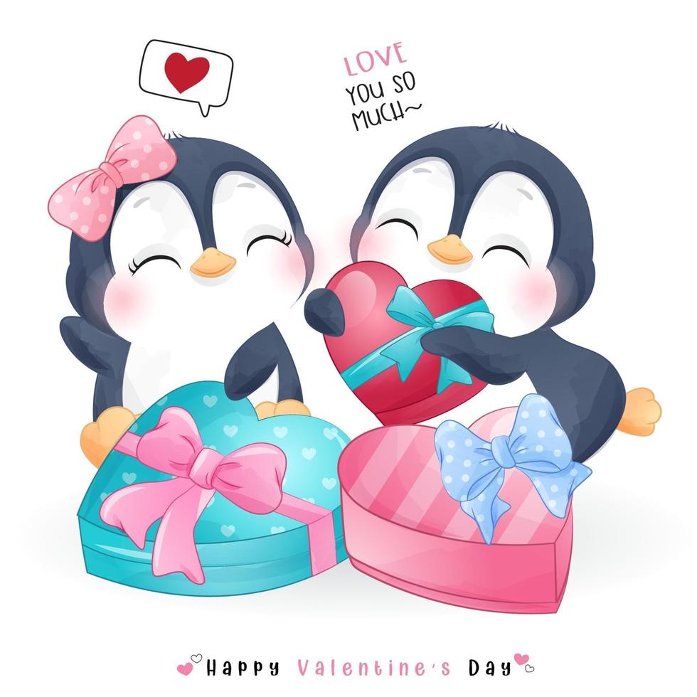 lindo pingüino doodle para el día de san valentín vector