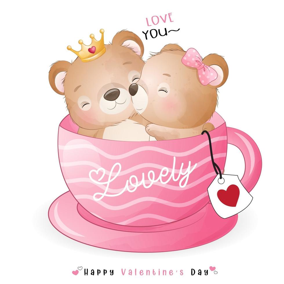 lindo oso doodle para el día de san valentín vector