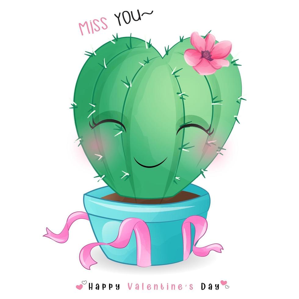 Cute doodle cactus for valentines day vector