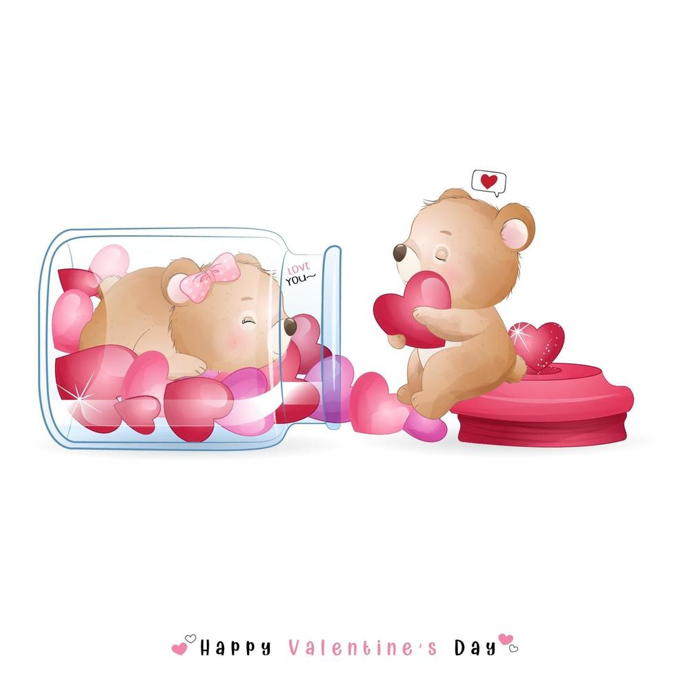 lindo oso doodle para el día de san valentín vector