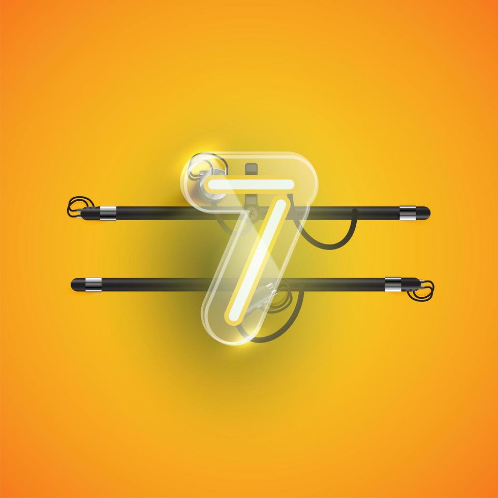Realistic neon '7' character with plastic case around, vector illustration