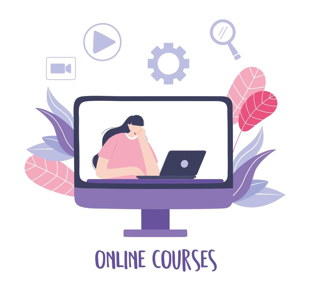 curso online con mujer en una clase de video vector