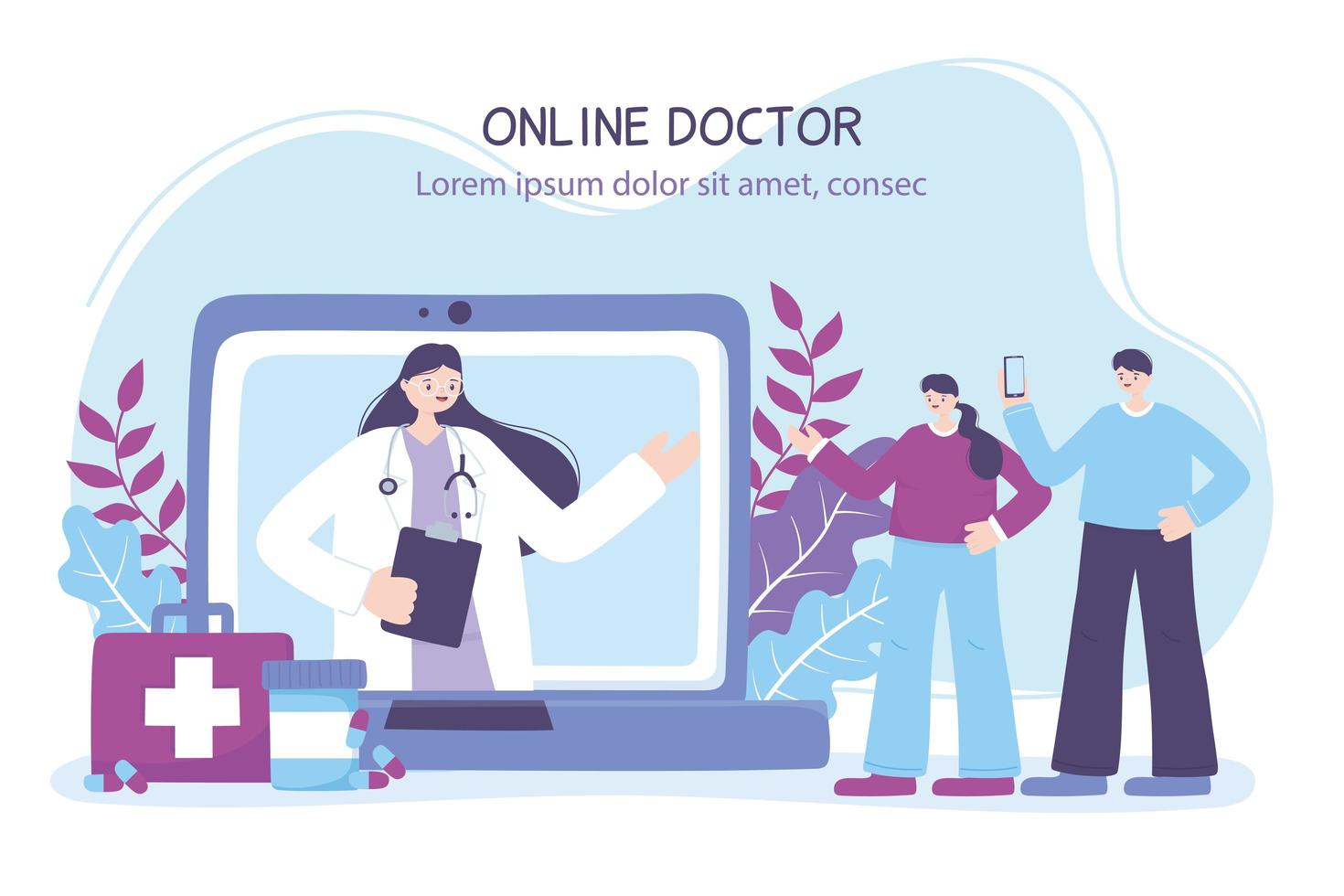 Banner de médico en línea con pacientes y computadora portátil. vector