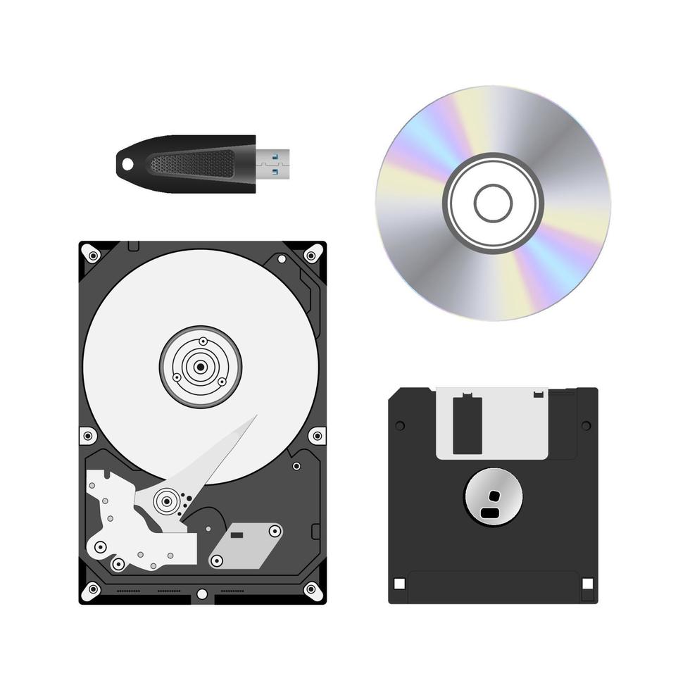 Data storage devices set isolated on white background, vector illustration