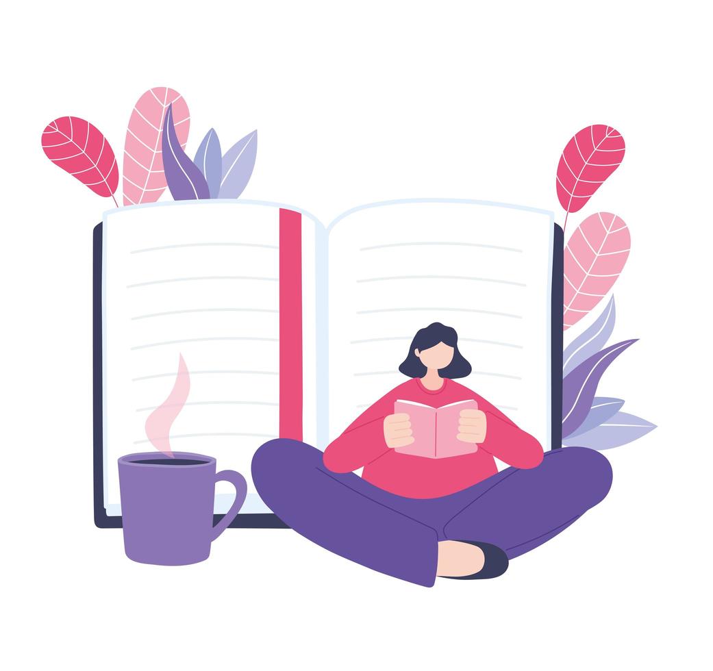 woman reading a book with a cup of coffee vector