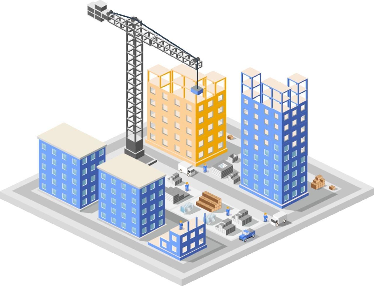 isometría de construcción industrial en la gran ciudad rascacielos en construcción, casas y edificios vector