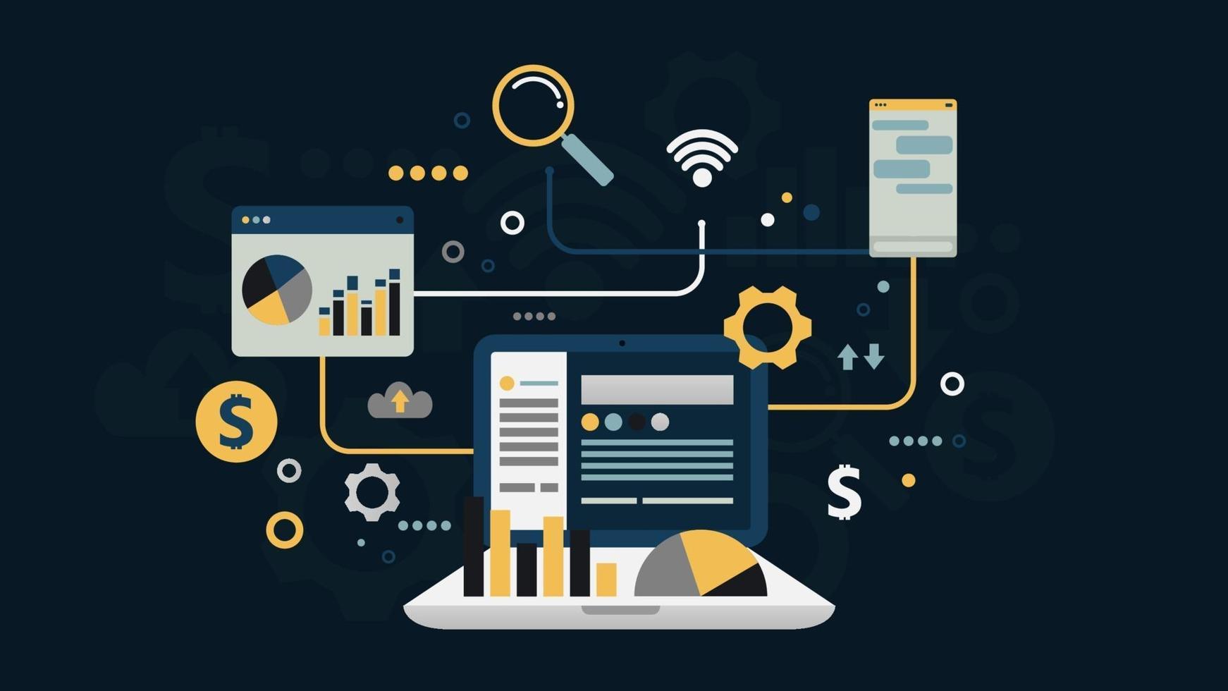 Diseño plano de investigación y análisis financiero de redes sociales de negocios en línea, elementos de infografía, ilustración vectorial vector