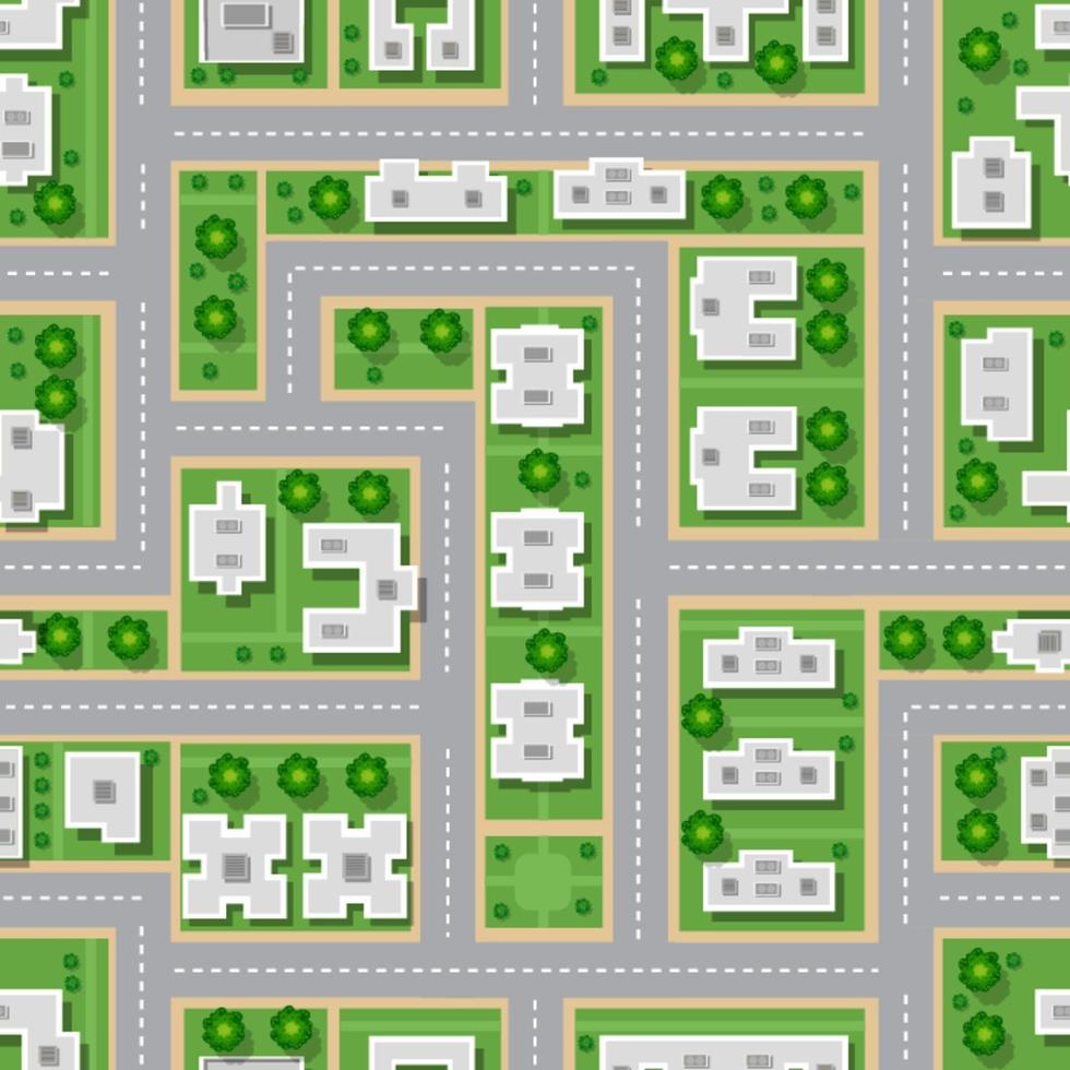 Vista superior de la ciudad de patrones sin fisuras de calles, carreteras, casas y coches. vector