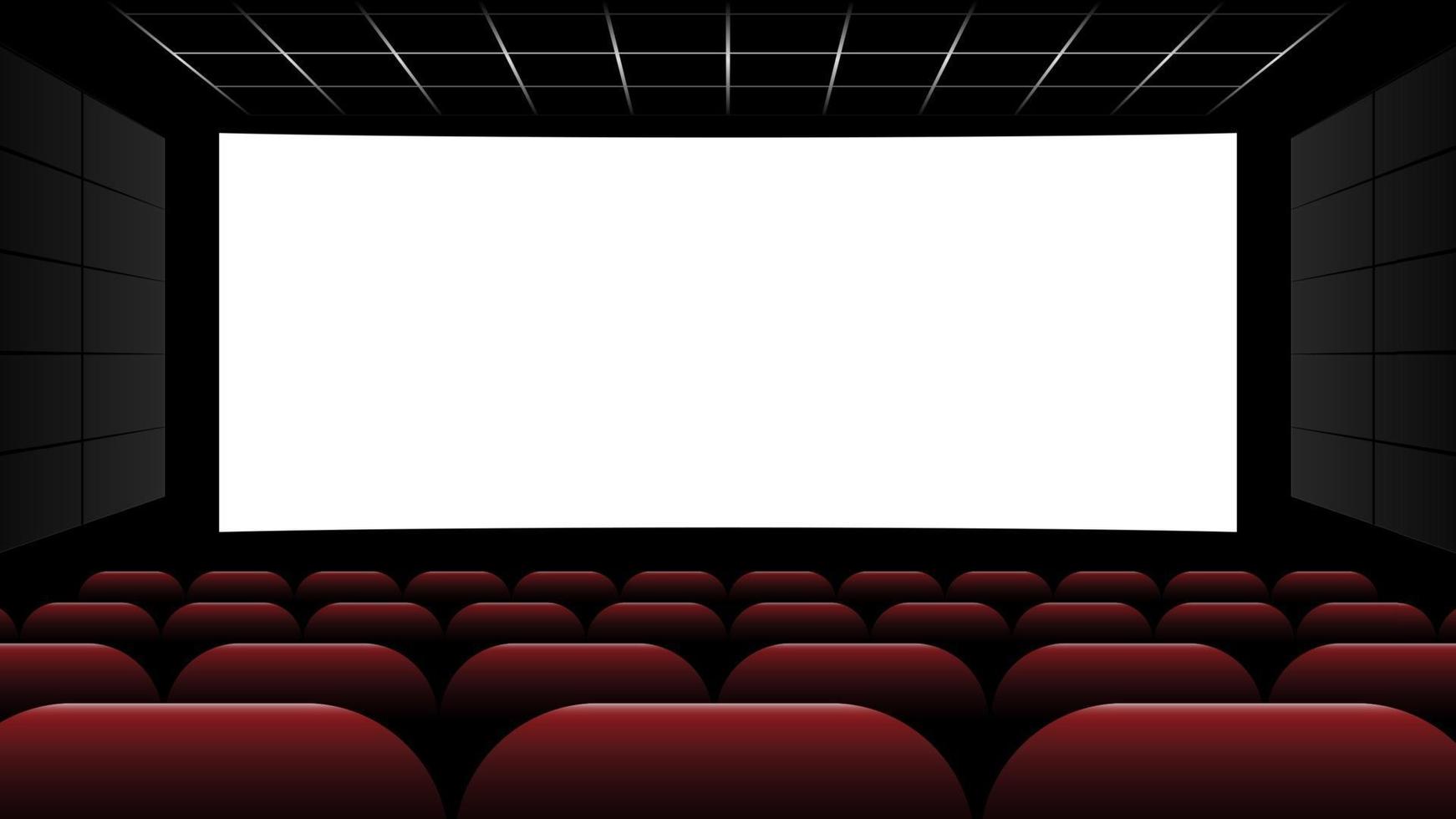 Cinema movie theater with blank screen and red seats, vector illustration