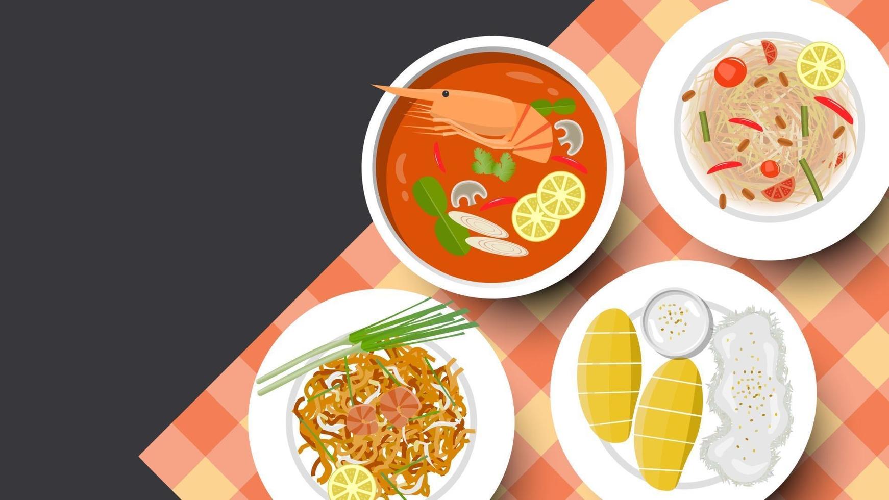 Fondo de comida tailandesa tradicional y espacio para copiar texto, ilustración vectorial vector