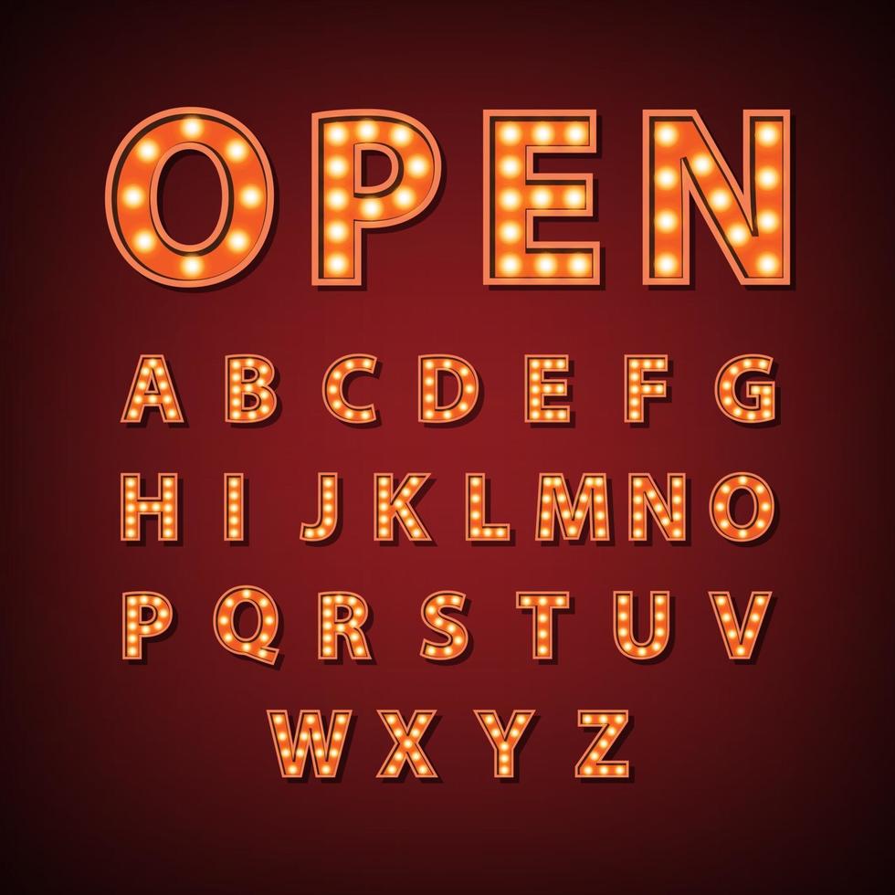 Vintage marquee bulb English alphabet sign, vector illustration