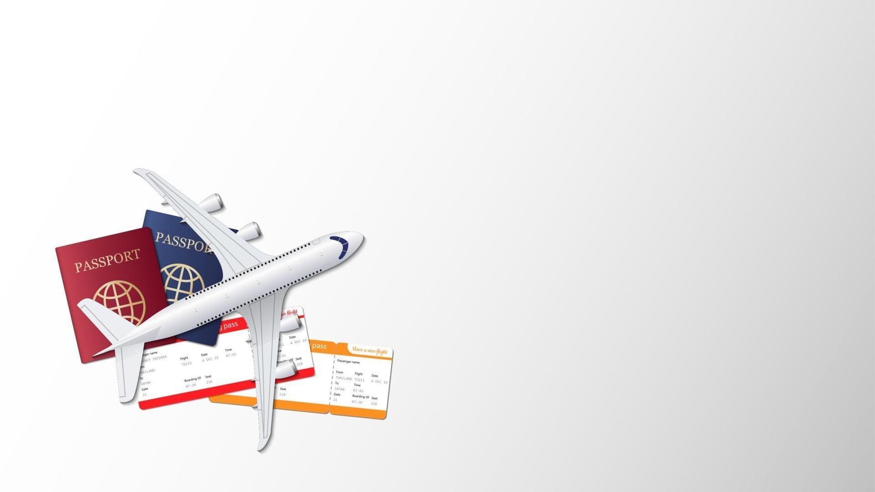 Airplane, passport and boarding pass on empty background with copy space for text, travel background, vector illustration