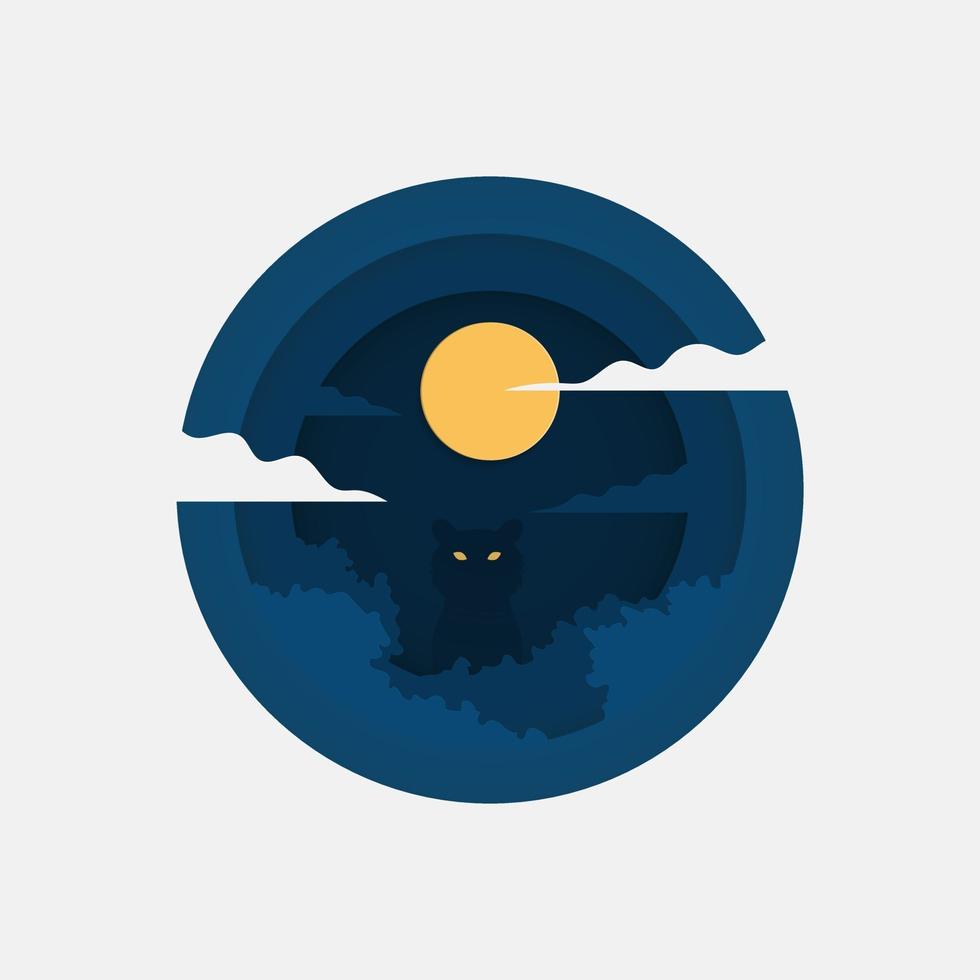 Night forest landscape. Nature concept in paper cut style. Vector illustration.