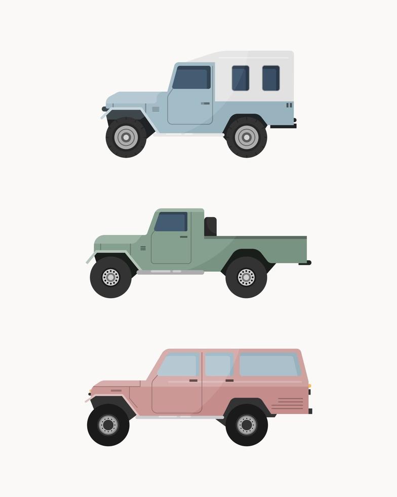 Set of off-road suv car. Off road vehicles vector illustration.