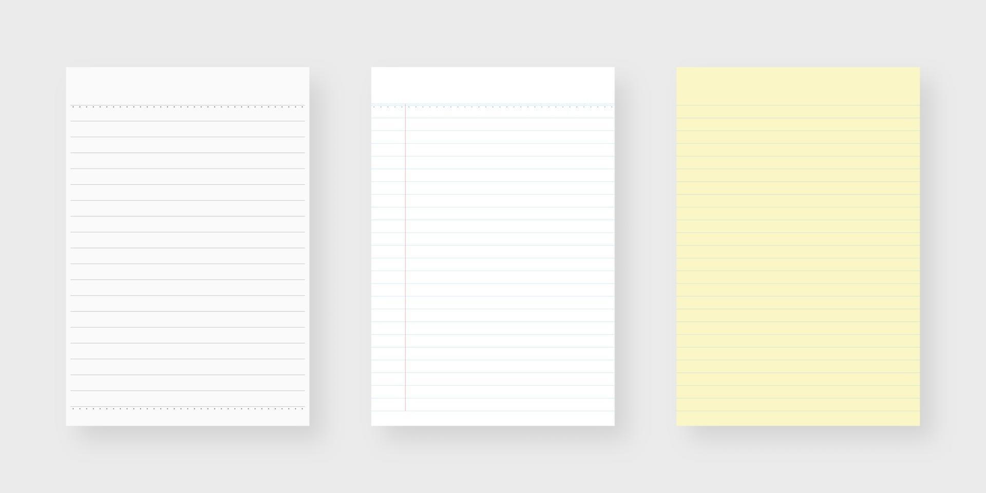 Notebook paper set. Sheet of lined paper template. Mockup isolated. Template design. Realistic vector illustration.