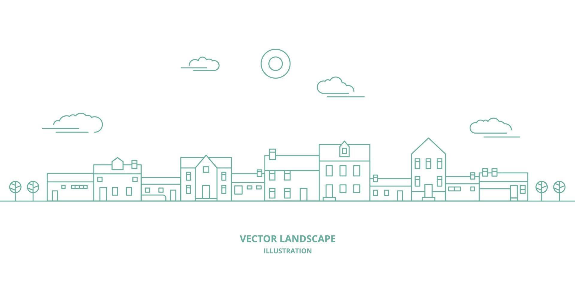 Vector landscape with houses, building, tree, sky. Suburban landscape. Flat line design vector.