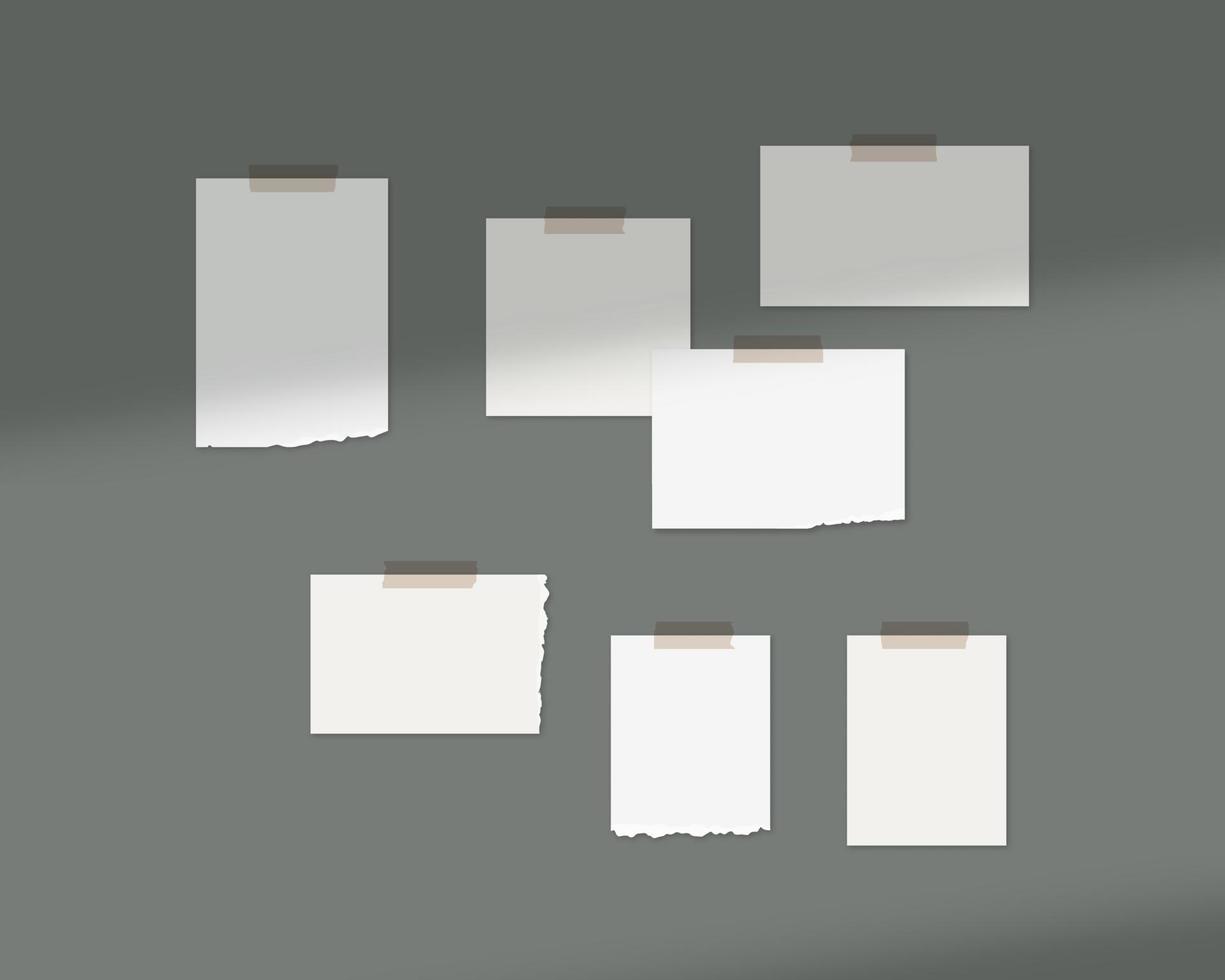 Mood board mockup template. Empty sheets of white paper on the wall with shadow overlay. Mockup vector isolated. Template design. Realistic vector illustration.