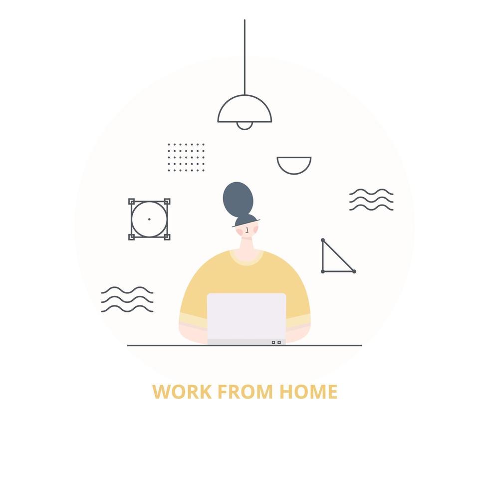 Woman working on laptop computer at home. Work from home concept. Woman freelancer, Designer working at home. Vector flat style illustration.