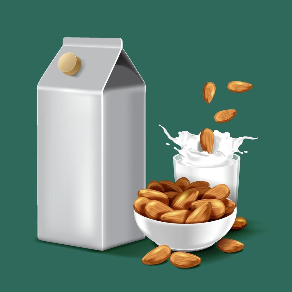 Paper package Almond milk with splashing liquid and seeds on isolated background, vector illustration