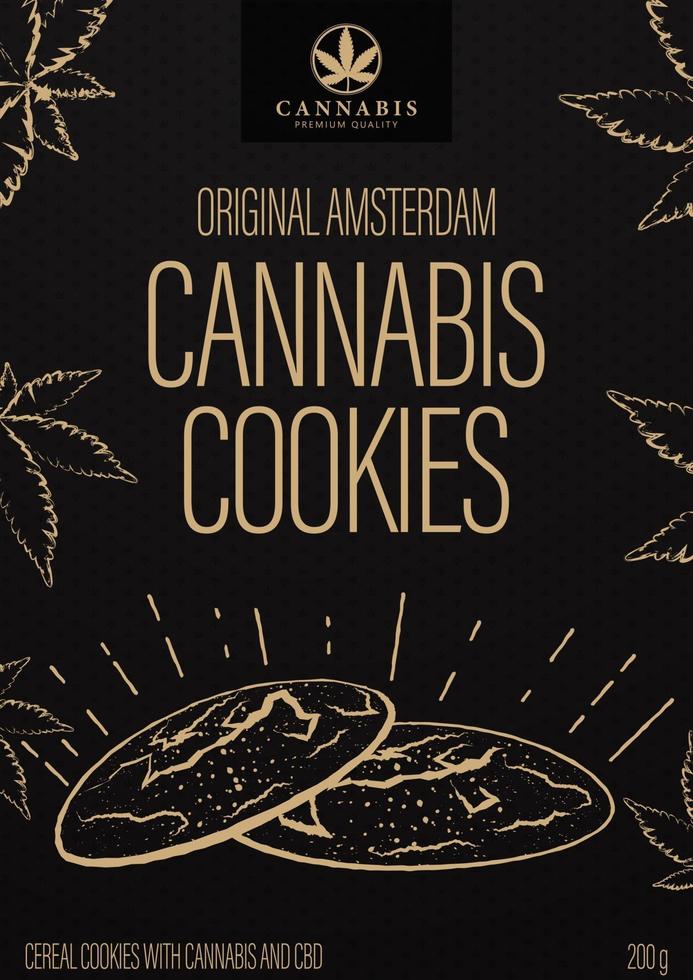 Cannabis cookies, black package design in doodle style with cannabis cookies and marijuana leafs. Black cover design for cannabis products vector