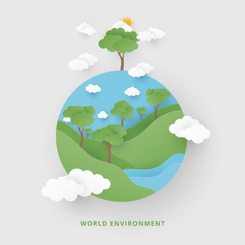 World environment day concept. Paper cut style with world, tree, sun and clouds. Save the Earth concept. Vector illustration.
