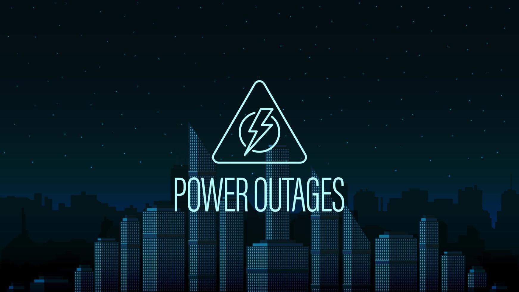 Power outage, warning triangle logo on the background of the city without electricity in digital style vector