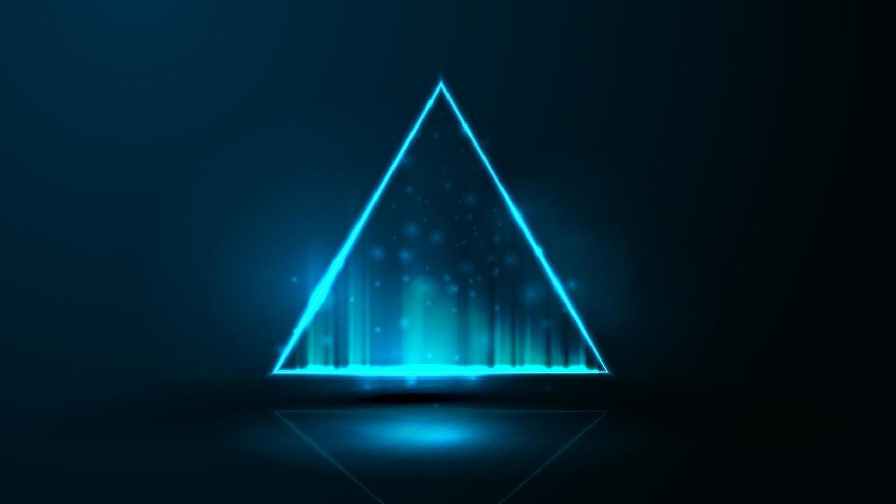 Blue digital hologram neon triangle Border with copy space in dark room. Neon triangular frame on dark background vector