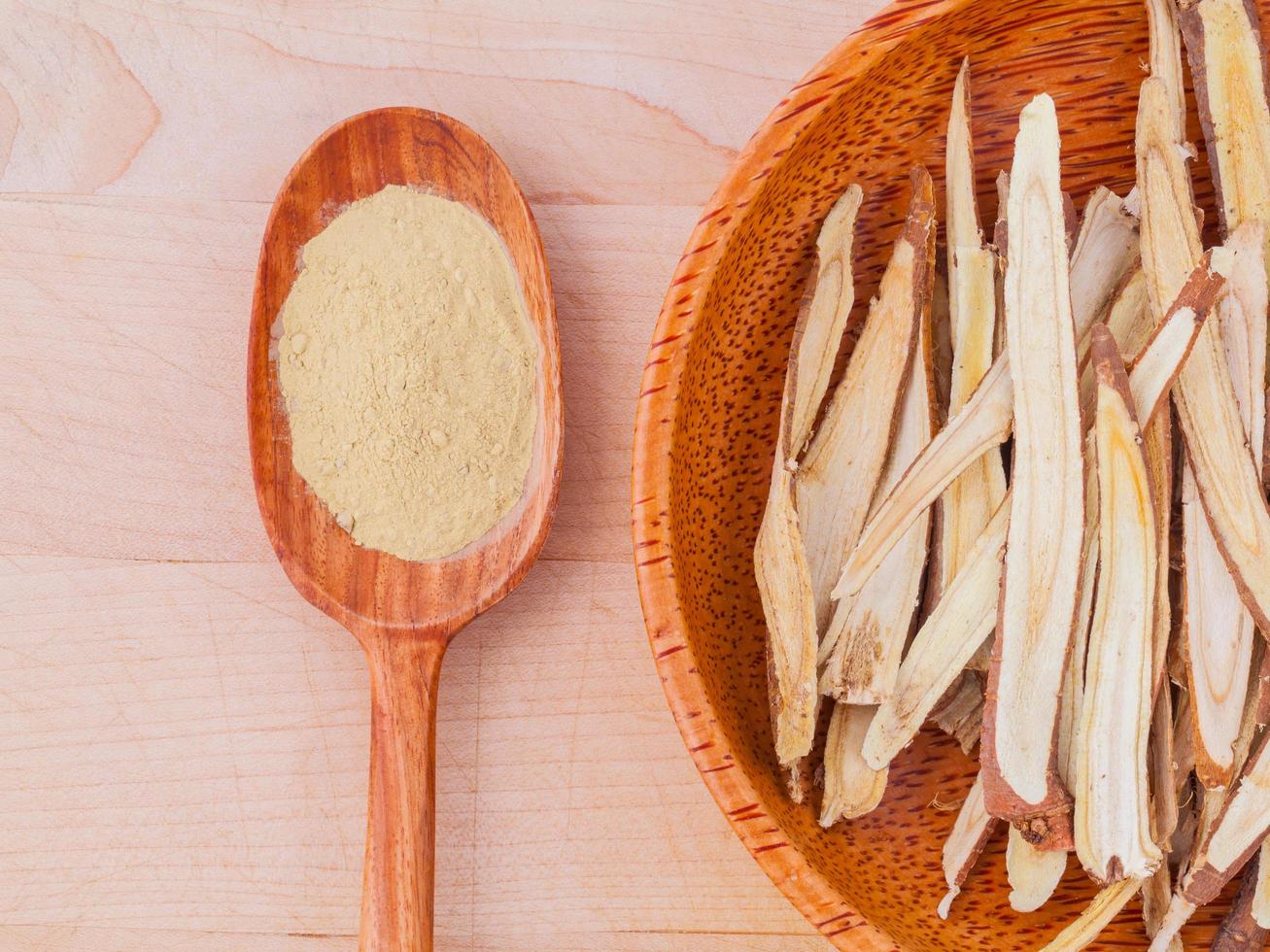 Licorice herbal medicine in a wooden bowl photo