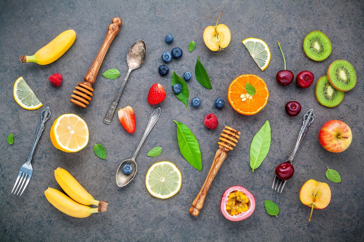 Fruit and honey top view photo