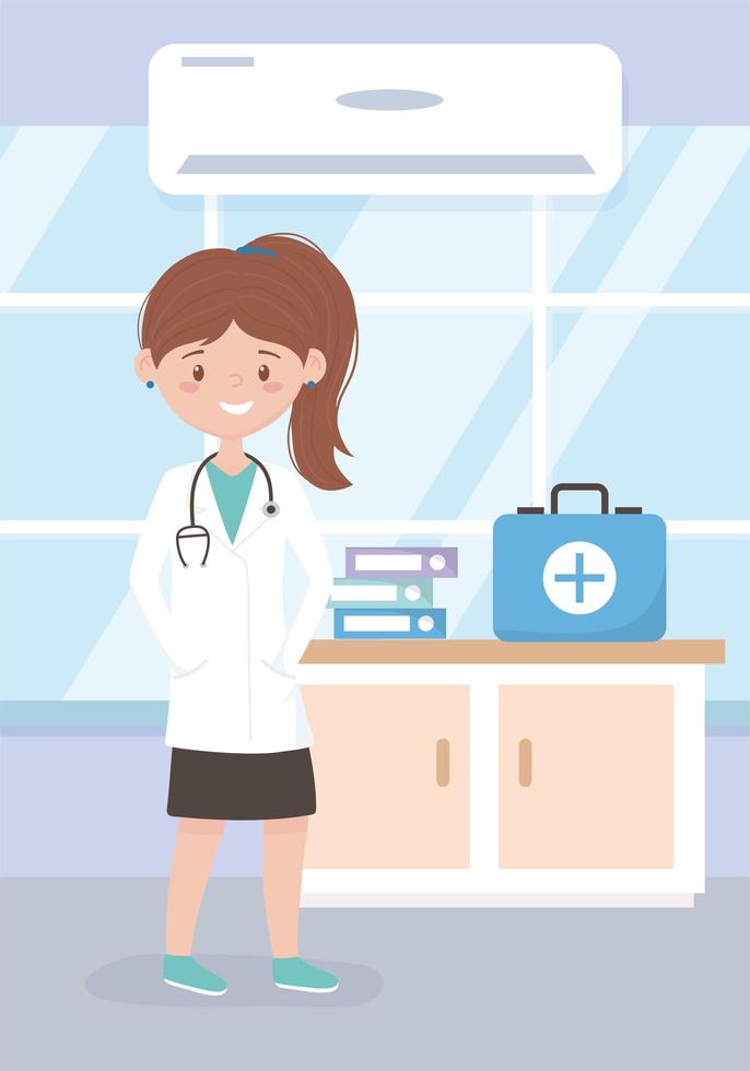 physician with stethoscope and first aid kit vector