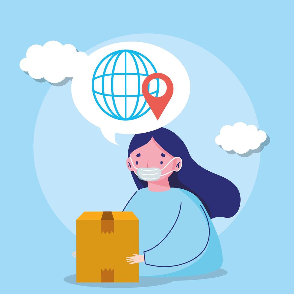Woman with face mask, delivery during coronavirus vector