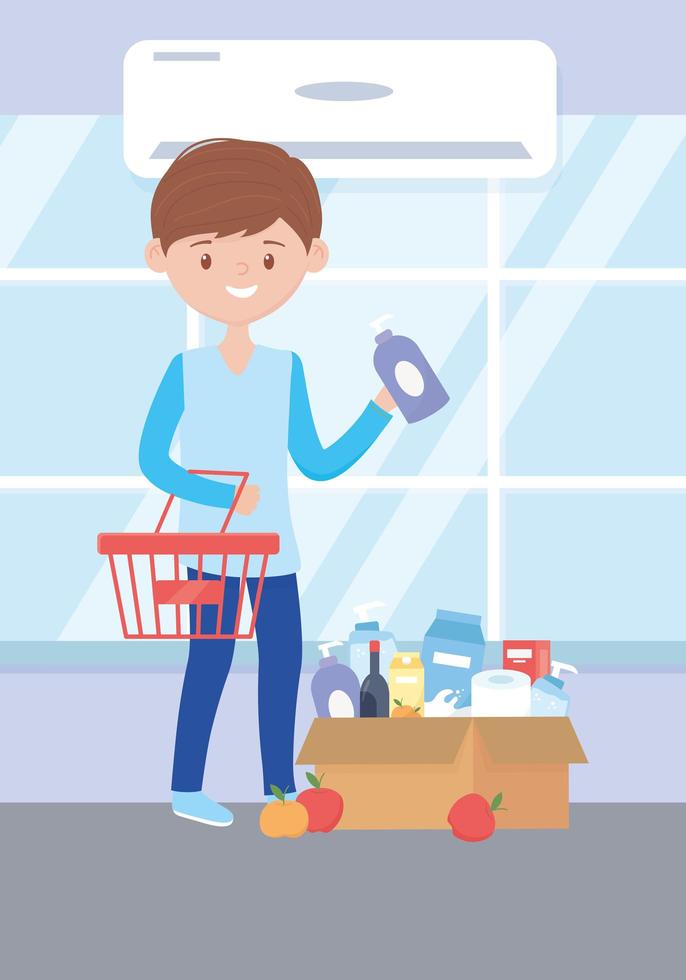 young man with a full box of groceries, excess purchase vector