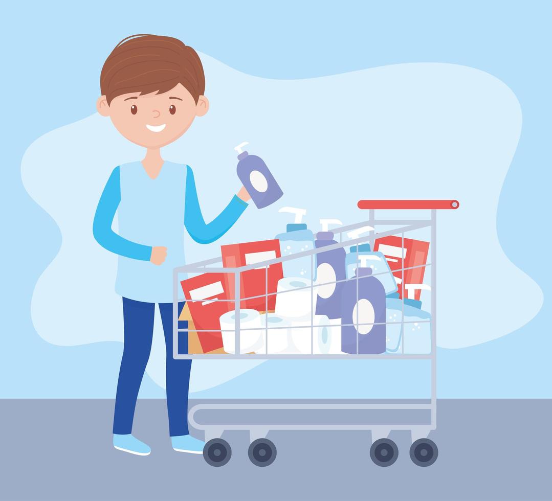 young man with a full shopping cart, excess purchase vector