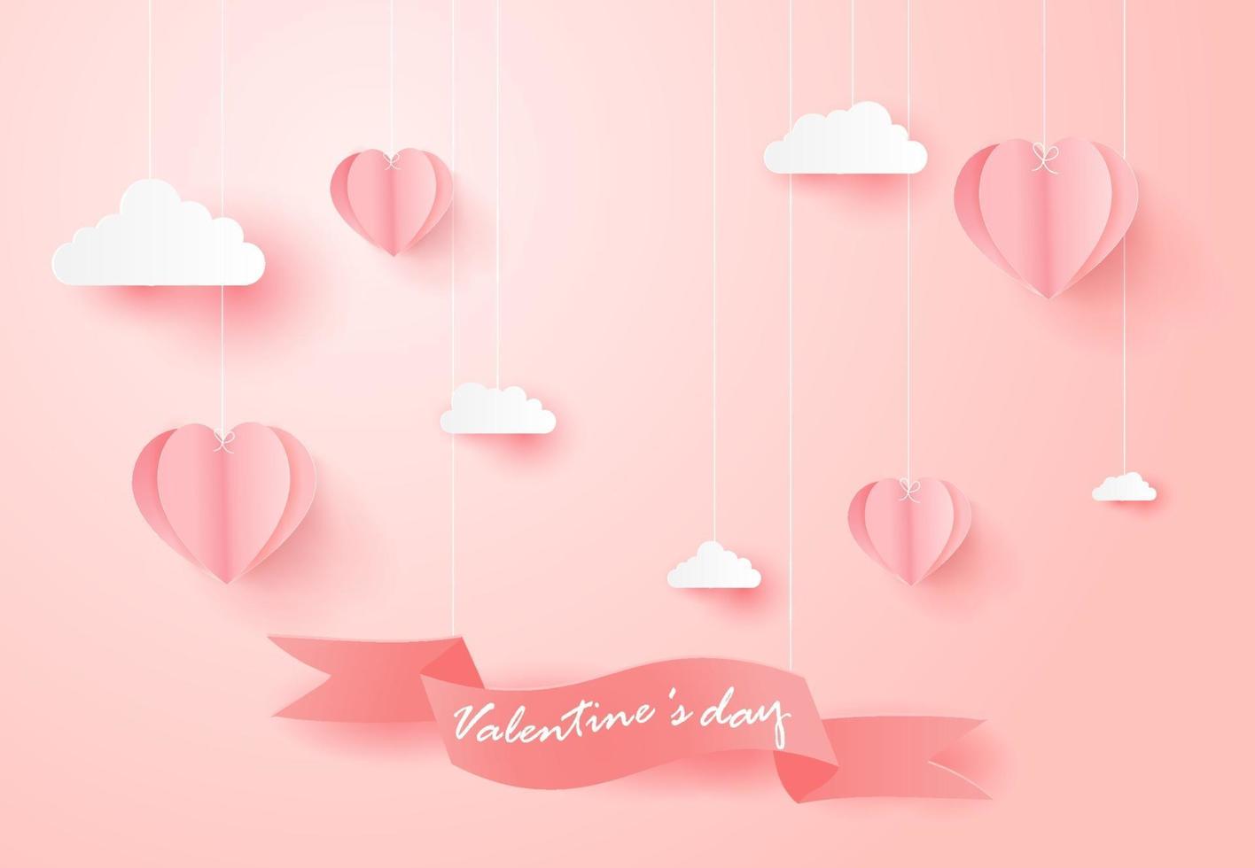 Happy Valentines Day greeting card with Heart Shaped Balloons on pink background. vector