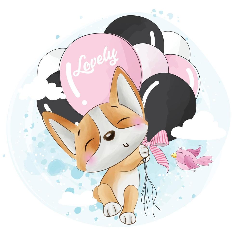 Cute foxy flying  with balloon illustration vector