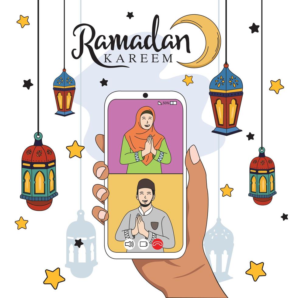 Ramadan Gathering via cellphone, with a flat illustration design style, with a beautiful Ramadan Kareem background. vector