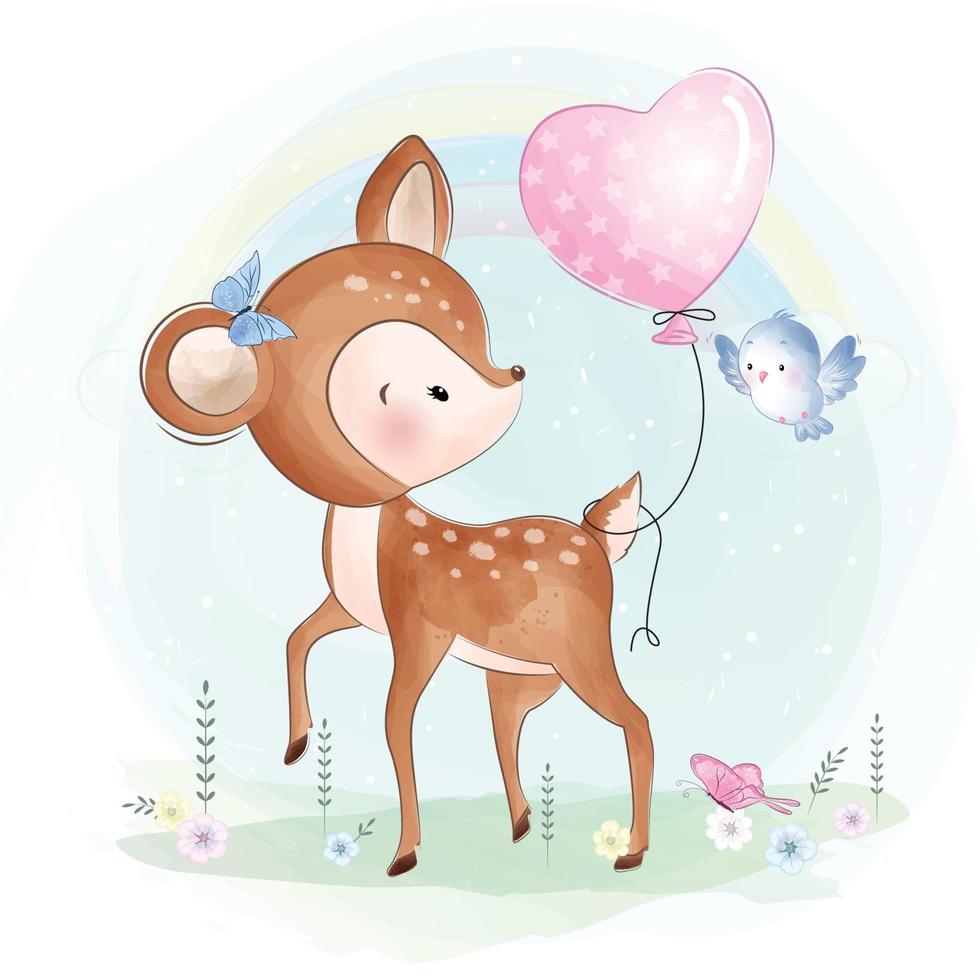Cute deer with bird and heart balloon illustration vector