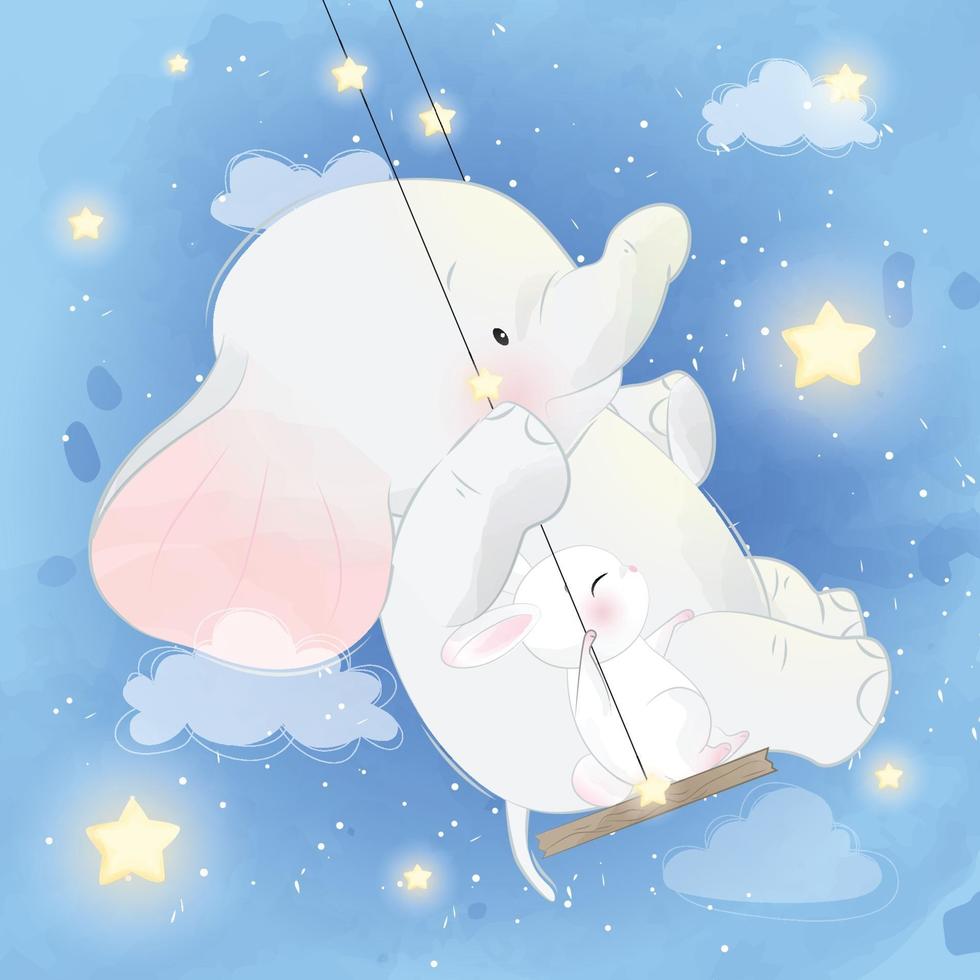 Cute elephant with bunny on a swing vector