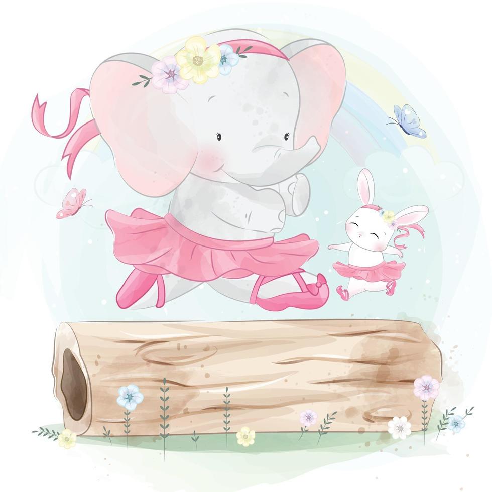 lindo elefante con conejito en la ilustración de ropa de ballet vector