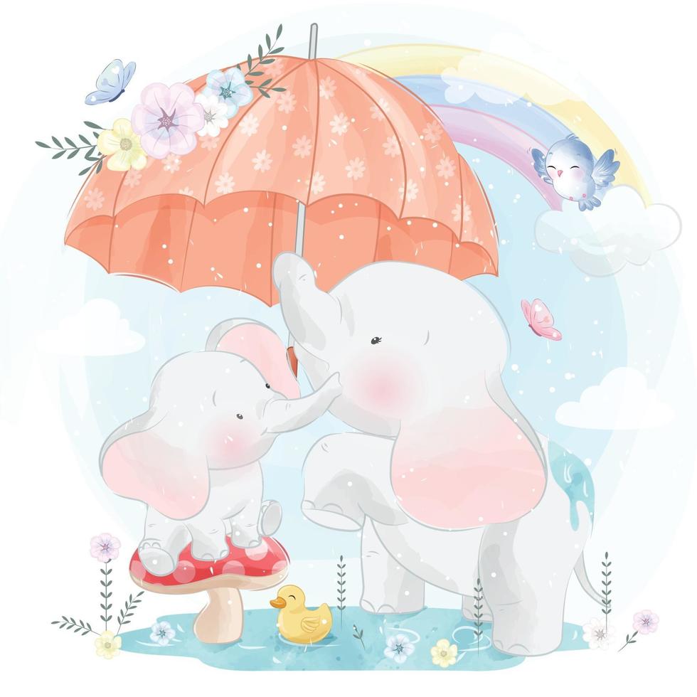 Cute elephant mother and baby illustration vector