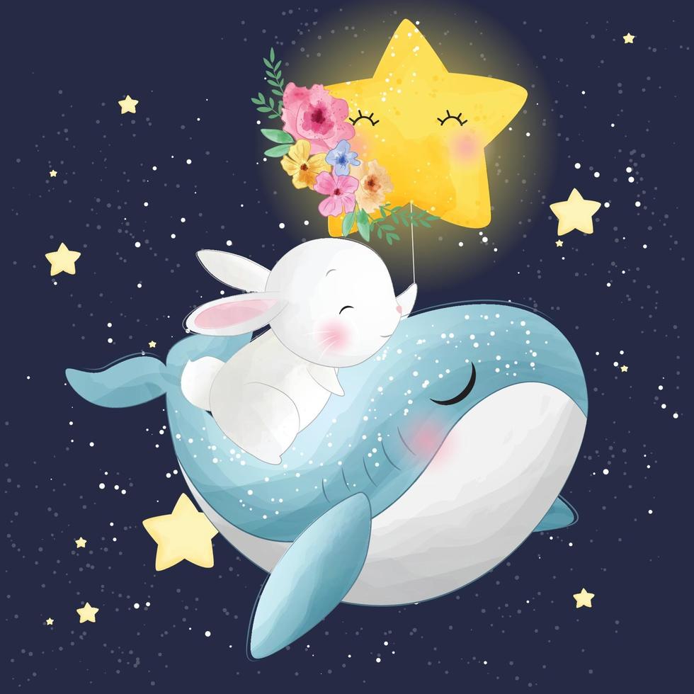 Cute whale with bunny illustration vector