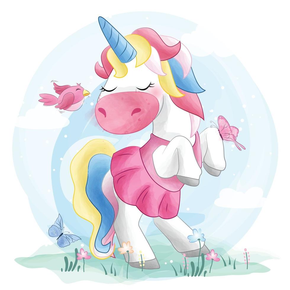 lindo unicornio con ilustración de pájaro vector