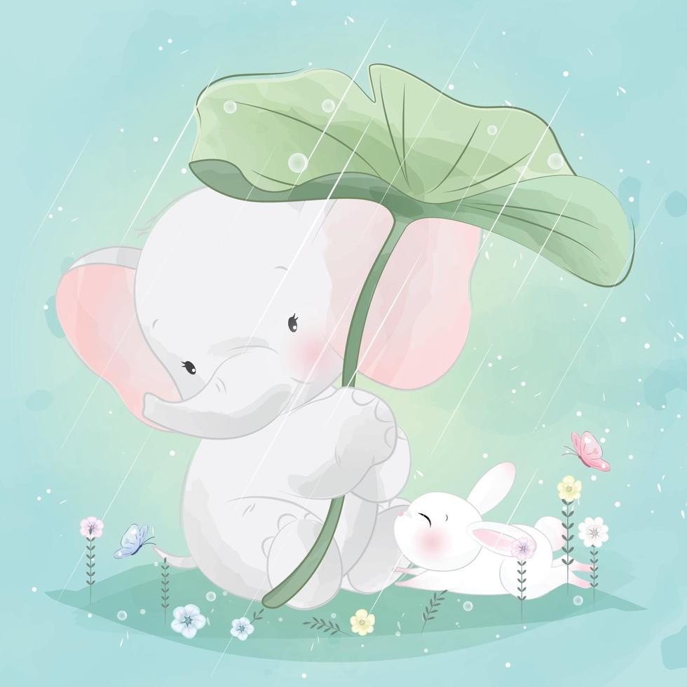 lindo elefante con conejito debajo de una hoja ilustración vector