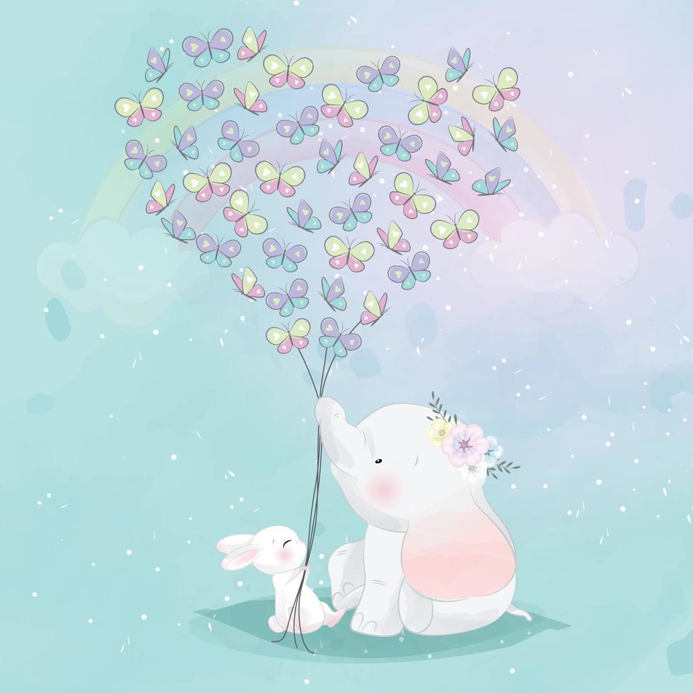 Cute elephant and rabbit with butterflies in heart shape vector