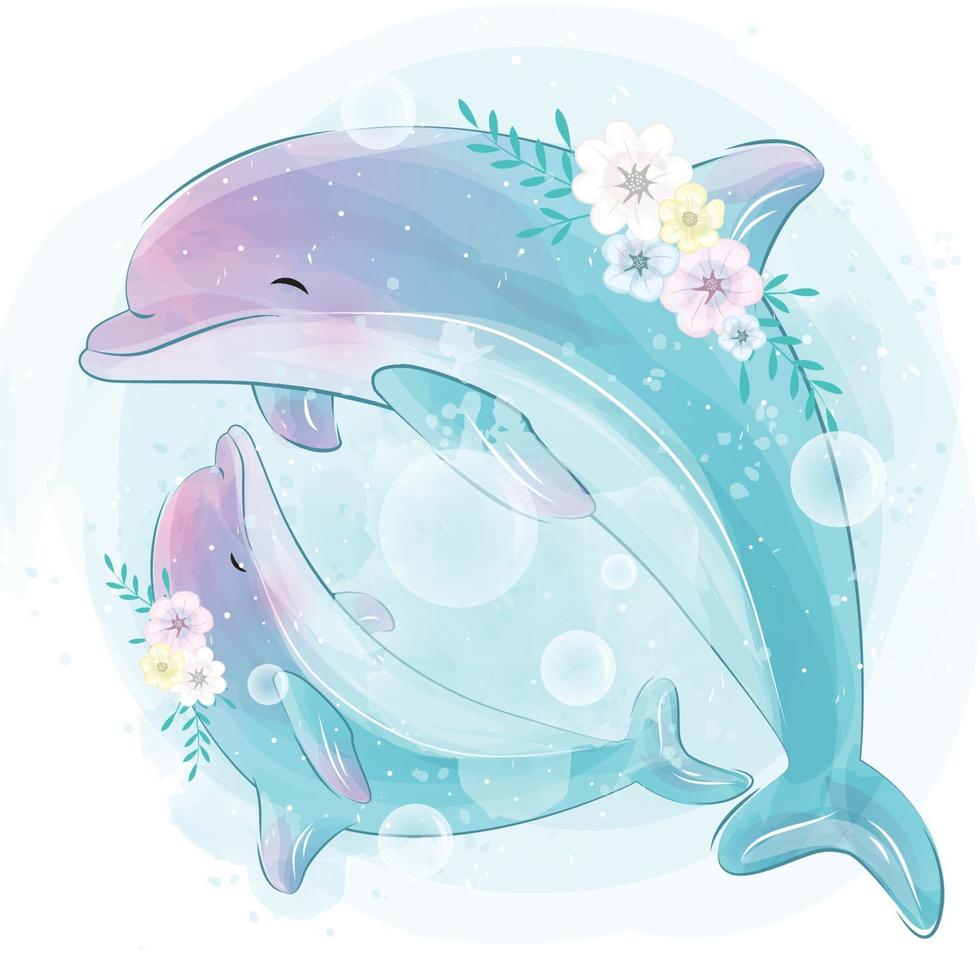 Cute dolphin mother and baby illustration vector