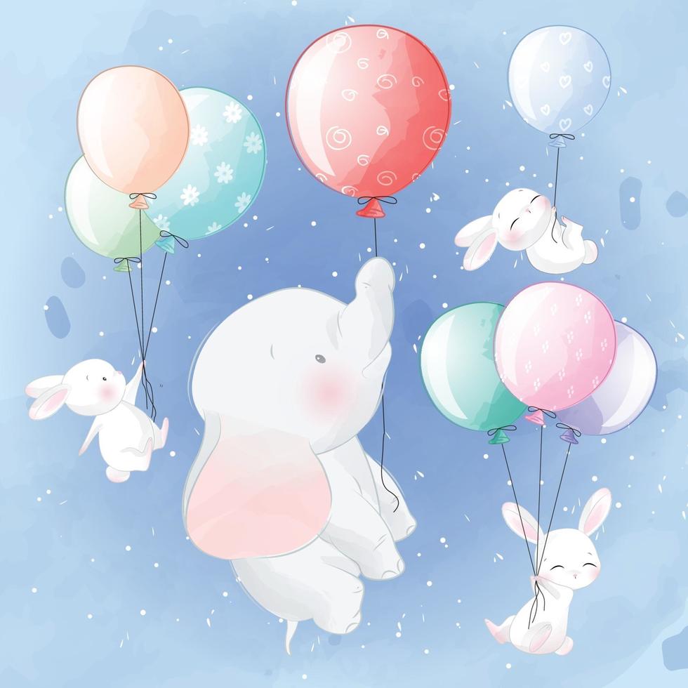 lindo elefante con conejitos flotando con globos vector